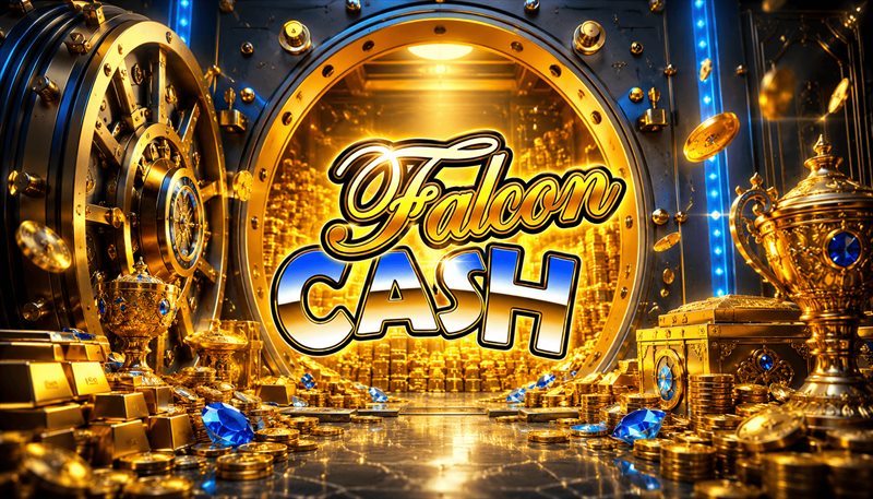 Halcón dorado sobre monedas en el arte promocional de Falcon Cash