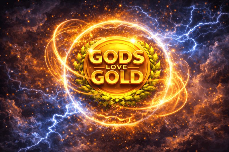 Escena dorada de la ronda bonus de Gods Love Gold con figuras mitológicas
