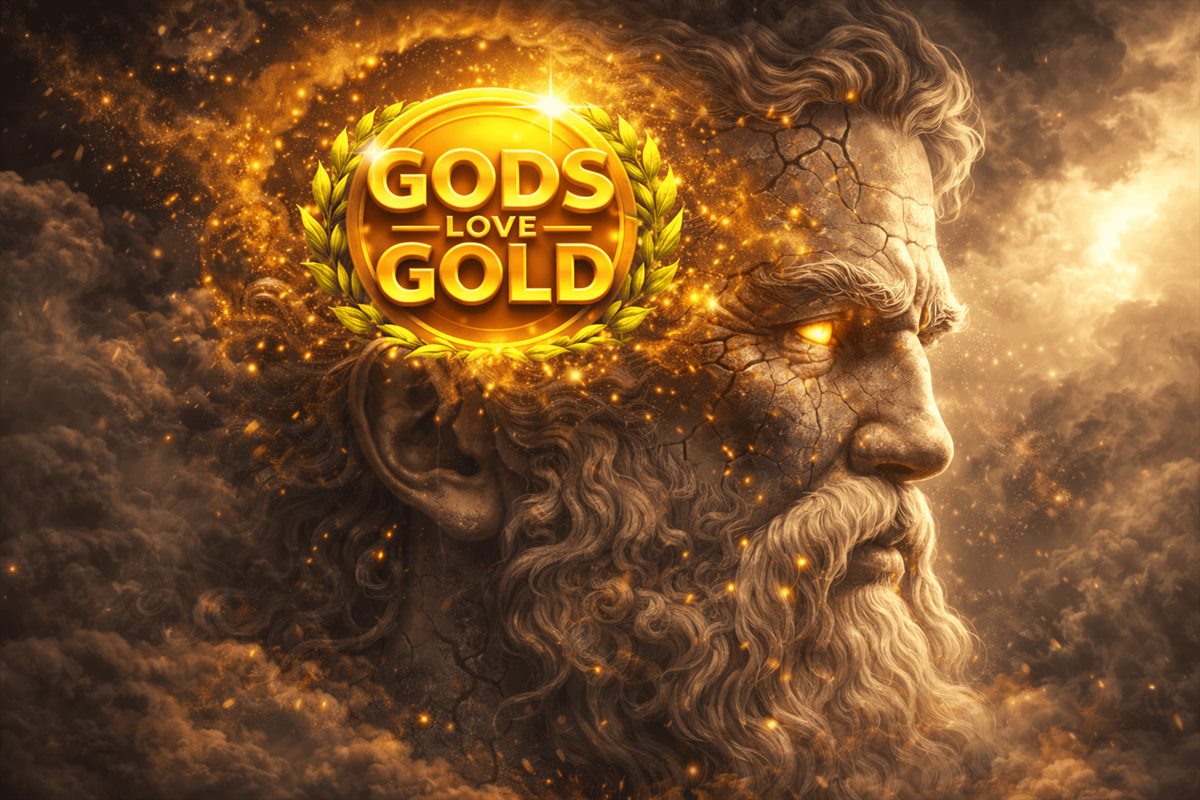 Rostros de dioses olímpicos tallados en piedra entre nebulosas doradas en Gods Love Gold